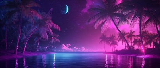 Futuristic wireframe disco dance floor with vibrant neon lights and tropical palm trees at night