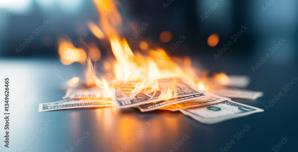 Poster a pile of currency notes is engulfed in flames, effectively illustrating the concept of financial in