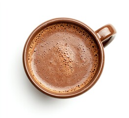 Top view of a brown cup of hot chocolate.  A frothy, rich, warm beverage, perfect for a cozy morning or afternoon