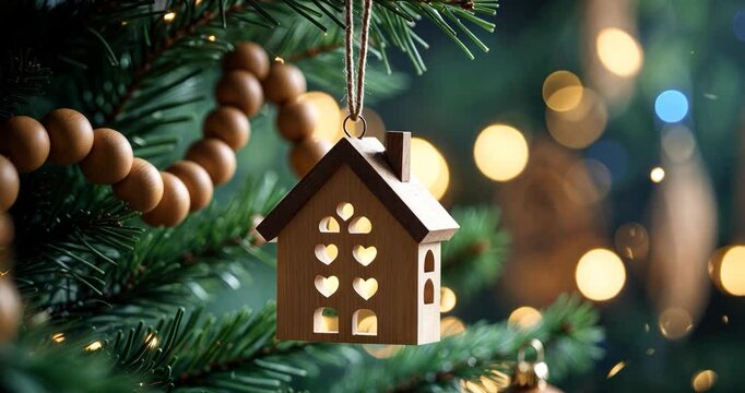 A beautifully adorned Christmas tree showcases wooden house decorations and gentle lights. The setting evokes a warm holiday ambiance, ideal for family get-togethers and festivities.