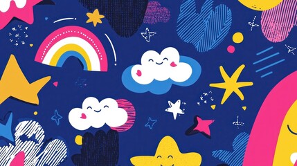 Cute cartoon stars, clouds, rainbow, and moon on navy background