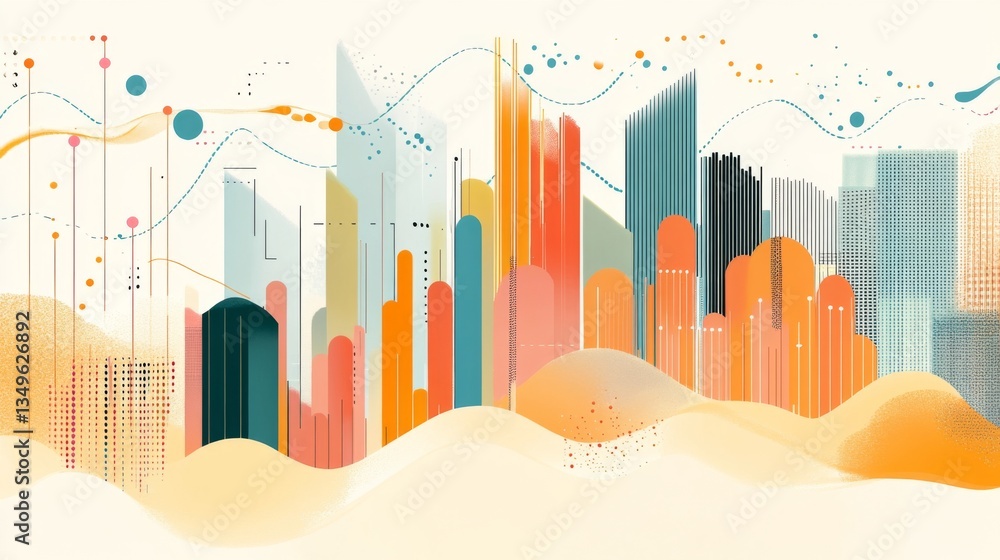 Poster a vibrant financial graph displaying sales data by region, with distinct color-coded sections and cl