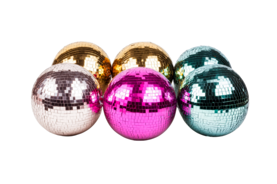 Disco balls array of various colors, shining party spheres, cut out transparent