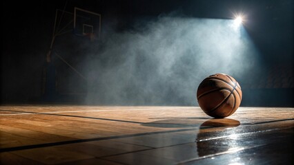 basketball under dramatic spotlight on polished wooden court with cinematic lighting and moody atmosphere

