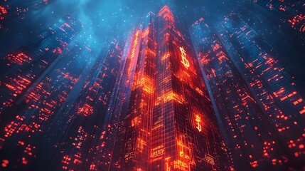 Glowing skyscraper of business profit charts and symbols