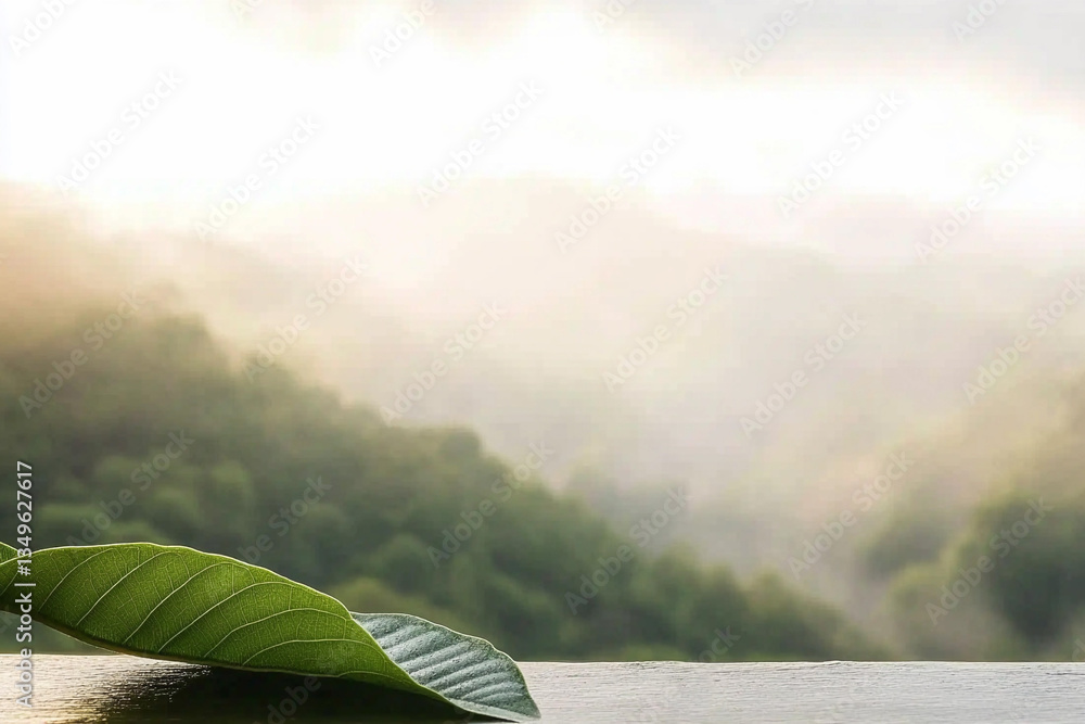 Poster raindrop resting on a green leaf with a blurred forest in the background during misty weather