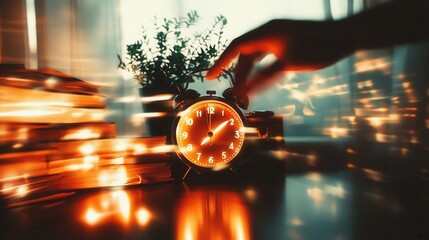 Alarm clock on table with books and plant.