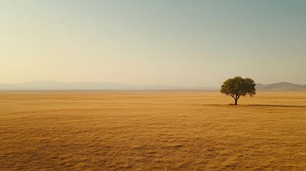 Lone tree, arid plain, sunset, mountains, aerial view