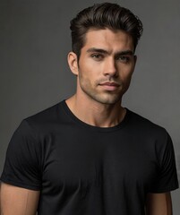 Fototapeta premium Close Up Portrait of a Young Man in Black T Shirt Against Gray Background