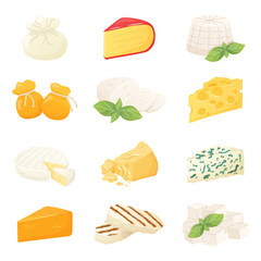 Set of different types of cheese. Mozzarella, Parmesan. Feta, Brie. Gouda, Cheddar. Ricotta, Burrata. Roquefort, Scamorza. Cartoon icons collection. Vector illustration