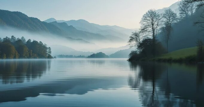 A calm lake with smooth waters mirrors the gentle light of a foggy morning, bordered by faraway mountains and a shore lined with trees, forming a serene and tranquil landscape.