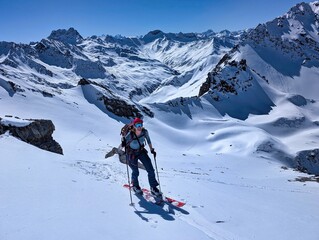 Skitour on Piz Dukan, Hoch Ducan above Sertig Davos. Beautiful winter mountain landscape in Graub&uuml;nden. Skimo, Ski mountaineering in the Davos Klosters Mountains. Ducantal. High quality photo.