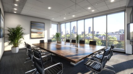 Fototapeta premium Modern Conference Room with City View: Sunlit Office Space