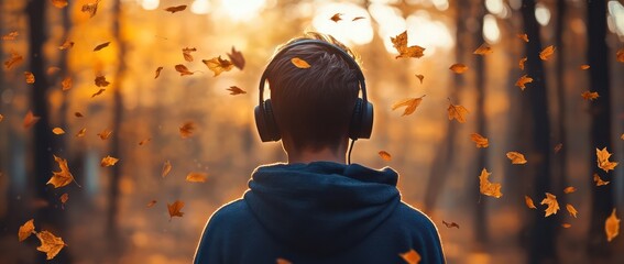 Teen listening music headphones autumn forest leaves fall