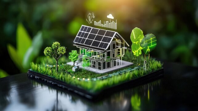SDGs concept. Model of a sustainable house with solar panels and greenery.