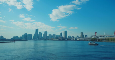 Yokohama skyline and clear blue skies from the water.