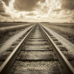 Fototapeta premium Rural railroad tracks vanishing into sepia-toned horizon under dramatic sky; travel, journey concept