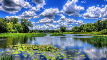 Serene lake, lush greenery, summer sky, cloudscape, peaceful nature scene, idyllic landscape, travel brochure
