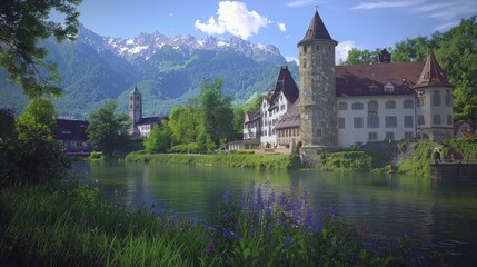Obraz premium Picturesque Swiss village by river, mountains backdrop, calm scenery, scenic view