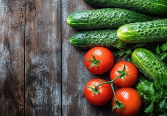 Fresh Cucumbers and Ripe Tomatoes on Rustic Wooden Surface with Green Parsley for Healthy Cooking and Delicious Ingredients in Farm-to-Table Concept