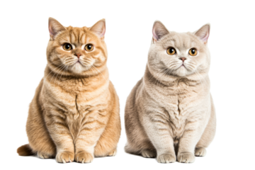 Two cats sitting side-by-side, British Shorthair breed, portrait, cut out transparent