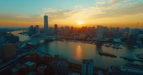 Naklejka premium Sunset over Yokohama skyline with river and cityscape.