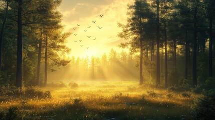 Fototapeta premium Golden Sunrise in a Mystical Forest