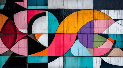 Fototapeta premium Abstract colorful geometric mural art on a wall