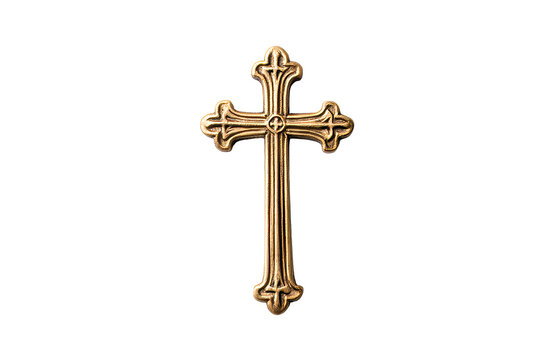 Ornate gold cross pendant on dark background, cut out transparent