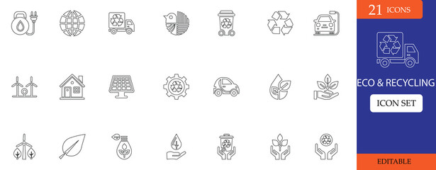 This Eco and Recycling icon set features 21 minimalist, black-filled icons on a white background, representing sustainability, recycling, renewable energy, and environmental conservation