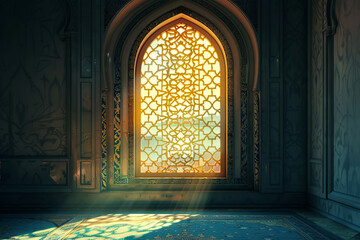 Interior view with stained glass window representing architecture design and islamic art concept: interior view, stained glass window, architecture design, islamic art, building