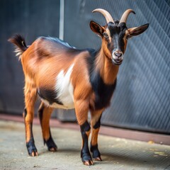 Fototapeta premium Close-up portrait of a brown and white goat on a farm with horns, grazing on grass in a rural setting