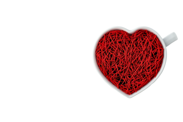 Heart-shaped nest in white heart-shaped cup, symbol of love, care, cut out transparent