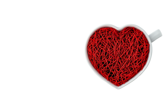 Heart-shaped nest in white heart-shaped cup, symbol of love, care, cut out transparent
