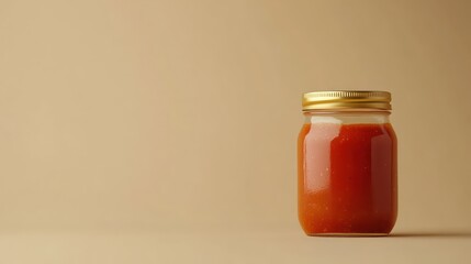 Tomato sauce jar, beige background, food photography, recipe