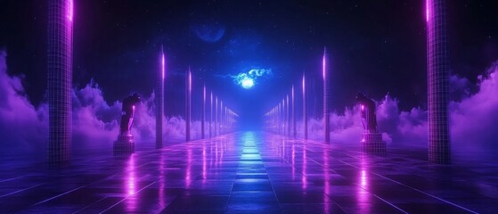 Fototapeta premium Futuristic neon corridor with digital grid in midnight blue and purple hues