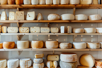 Various cheeses on wooden shelves in a cheese shop representing gourmet food and dairy products, concept: cheese, food, gourmet, , shop