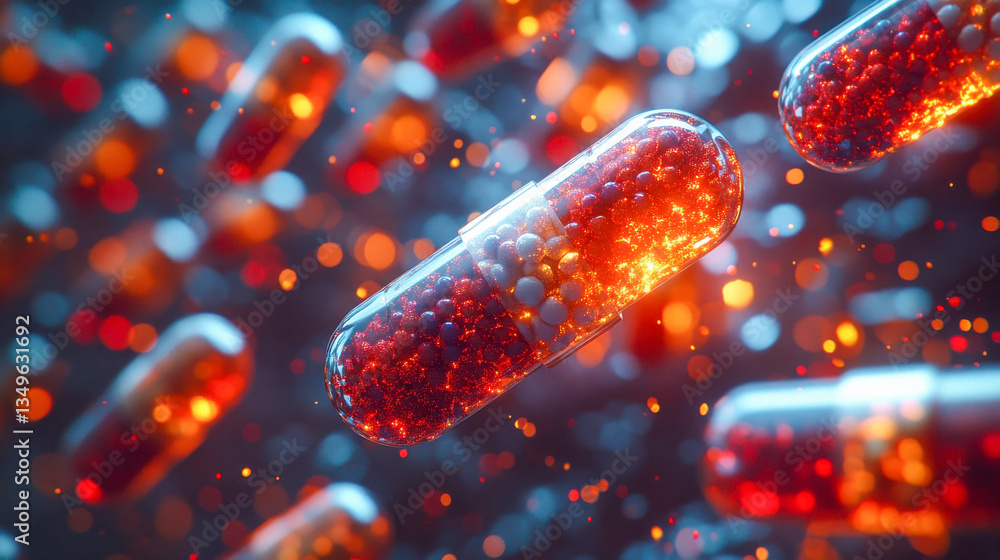 Poster close-up of futuristic red capsules filled with glowing golden particles, floating in a dark ambient