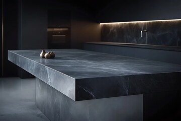 Dark Kitchen Island with Marble Countertop.