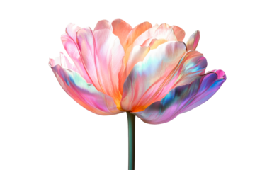 Holographic iridescent tulip flower with pink petals, cut out transparent