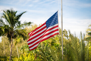 Waving American flag at half-mast among lush tropical foliage on a sunny day in a serene outdoor setting