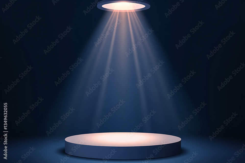 Poster illuminated round platform under a spotlight on a dark background for product display or presentatio