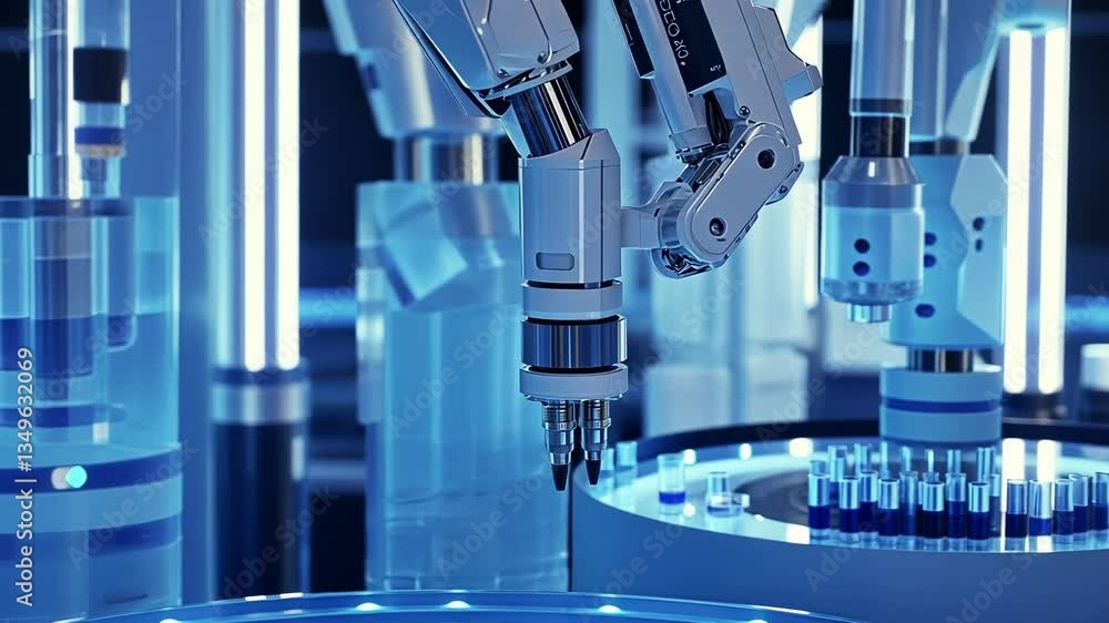 Poster robotic arms conducting precise experiments in a high tech laboratory setting, showcasing innovation