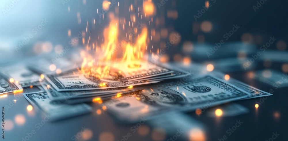 Poster burning currency emphasizes the importance of managing assets wisely. trust in portfolio stability i