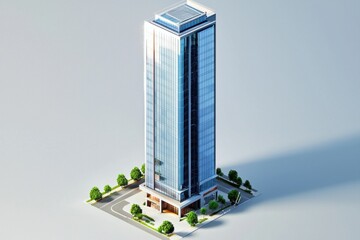 Isometric view of a modern skyscraper, showing details of facade, street, and landscaping.