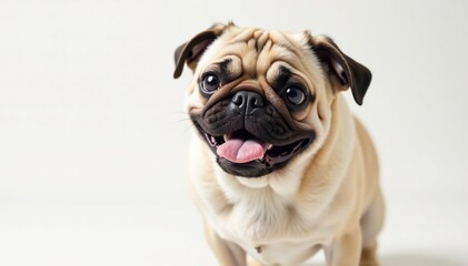 Obraz premium Playful pug, looking directly at camera, white backdrop, pet photography, white