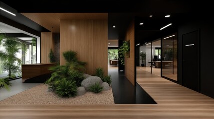 Modern office space with a zen garden