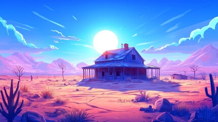 Fototapeta premium Whimsical midday desert ghost town cartoon design for creative projects