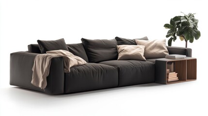 A modern grey couch with soft throw pillows and a sleek design.