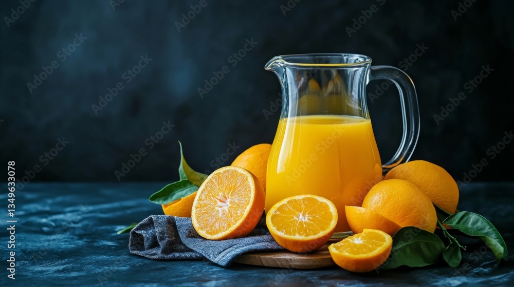 Poster a vibrant shot of a pitcher of freshly squeezed orange juice with a glass filled, surrounded by brig